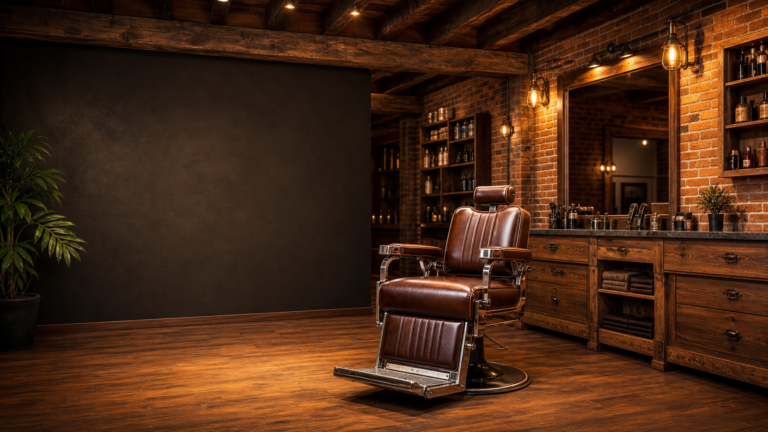 Mobilier de barbier rustique : comment créer un espace charmant et chaleureux Barbería rústica con sillón de cuero marrón y decoración de madera