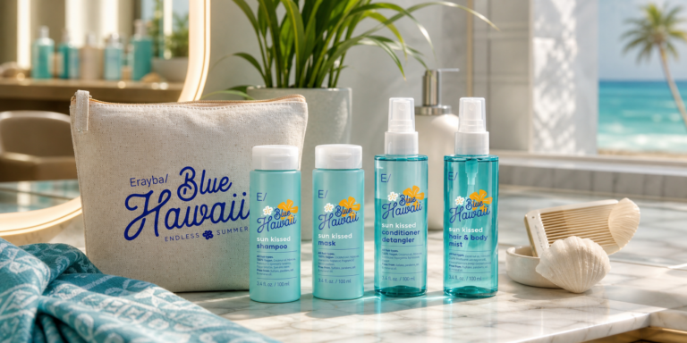 Kit Erayba Blue Hawaii en una escena creativa de verano para cuidar cabello teñido