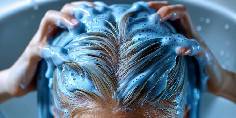 Champú azul aplicado sobre el cabello como referencia visual para matizar reflejos cálidos