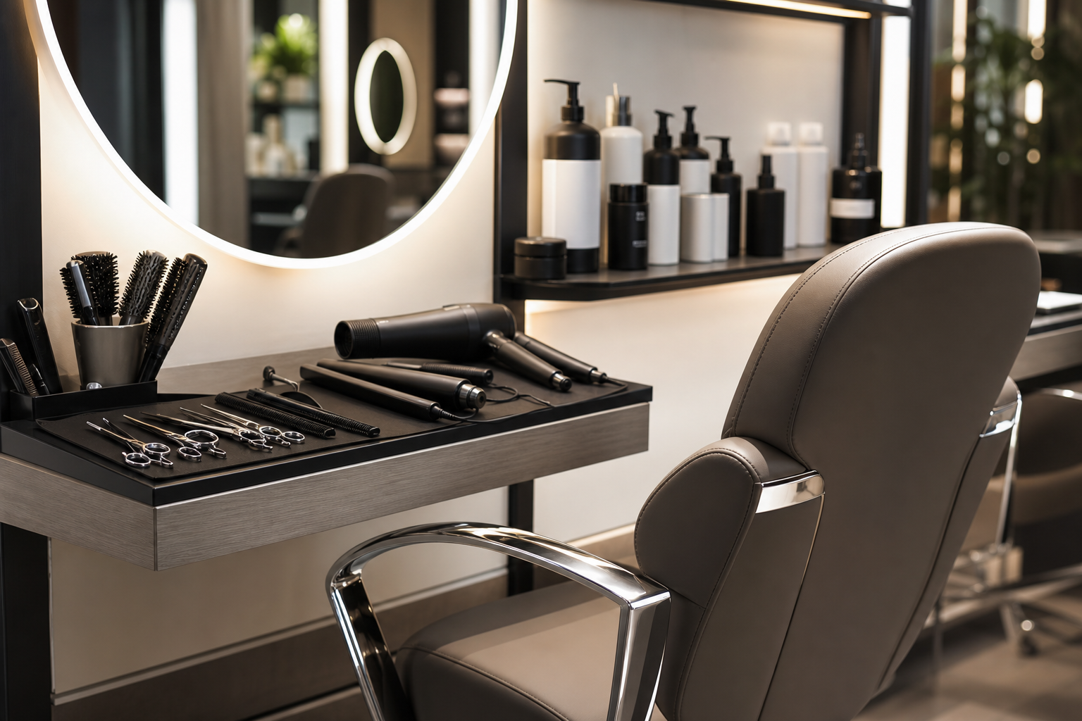 Coworking de coiffure - Équipement idéal pour les professionnels Station de coiffure professionnelle en coworking avec fauteuil ergonomique et équipement complet