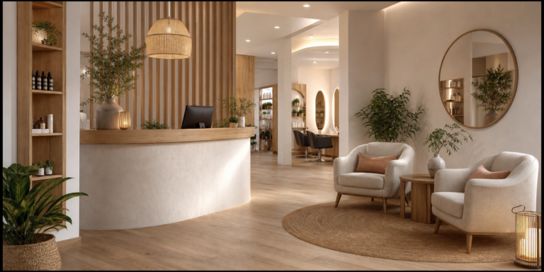 Feng Shui dans l’accueil de votre salon de coiffure : guide pour un espace harmonieux Recepción de peluquería armoniosa con plantas, madera y zona de espera equilibrada