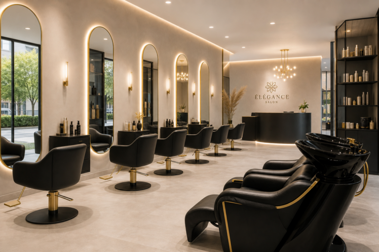 Salón de peluquería moderno con sillones, lavacabezas y mobiliario profesional elegante