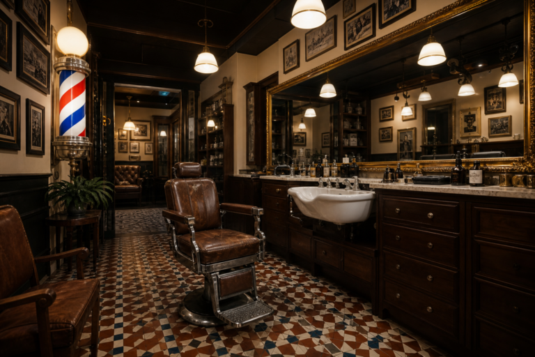 Barbería con sillón de barbero vintage de cuero, barber pole y mobiliario clásico