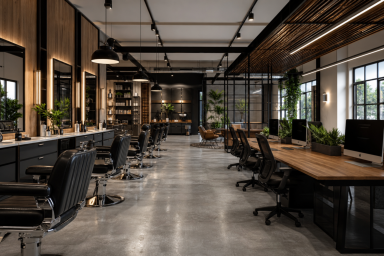 Mobiliario de barbería para coworking eficiente y con estilo