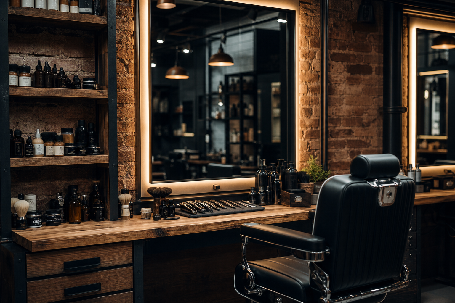 Station de barbier professionnelle dans un espace coworking avec fauteuil ergonomique et miroir éclairé