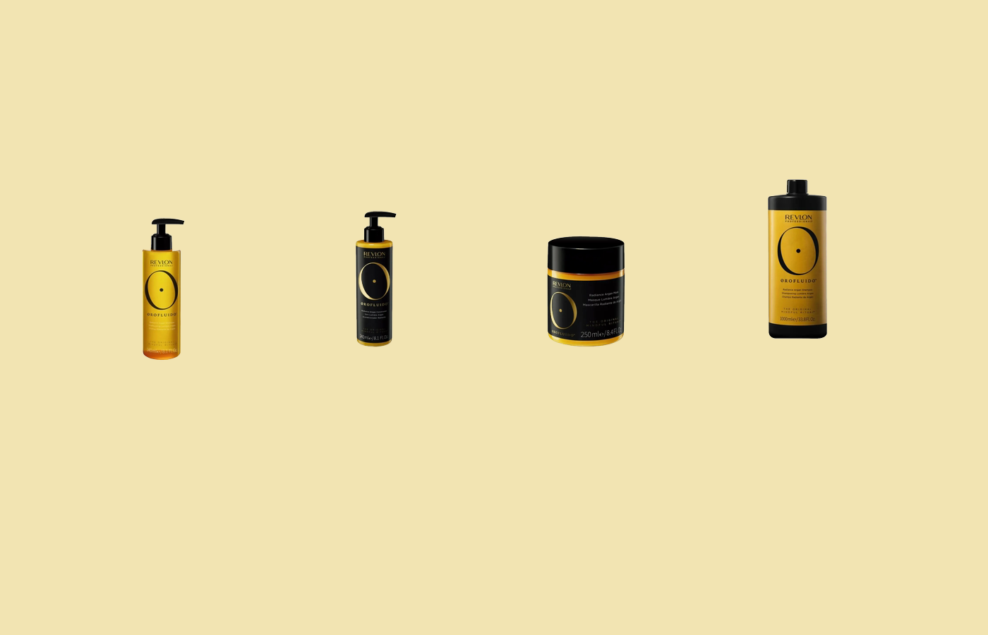 Composition de la famille Orofluido avec shampoing, après-shampoing, masque et élixir