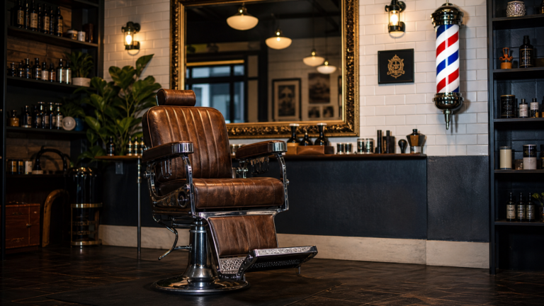 Sillón de barbero vintage como elemento central de marca en barbería elegante