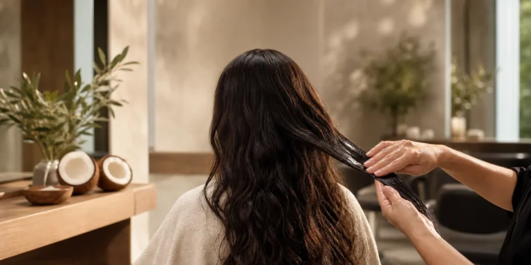 Aplicación de aceite de coco en cabello ondulado