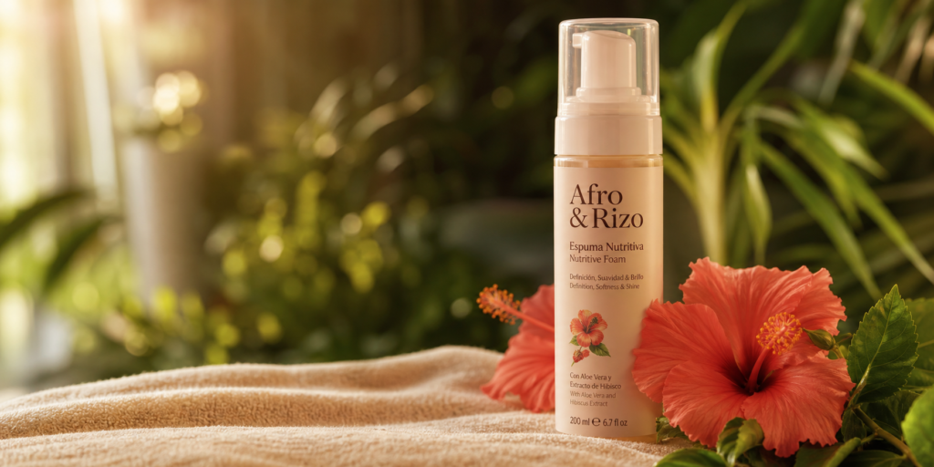 Mousse Afro et Boucles Nutritive pour une hydratation légère et la définition des boucles afro, entourée de fleurs d'hibiscus