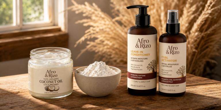 Masque à la fécule de maïs et à l’huile de coco pour cheveux afro : hydratation naturelle en automne Ingredientes para mascarilla capilar de maizena y aceite de coco para cabello afro y rizado con productos Afro y Rizo