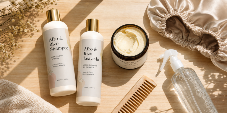 5 conseils essentiels pour hydrater vos cheveux afro : routine complète avec les produits Afro & Rizo Rutina de hidratación para cabello afro con productos Afro y Rizo sobre superficie de madera