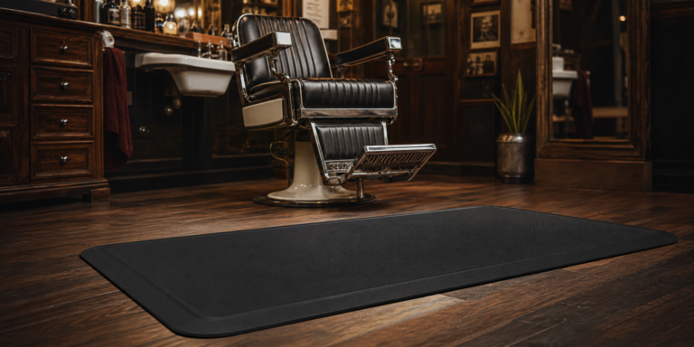 Tapis anti-fatigue pour barbier : la clé du confort professionnel Alfombra antifatiga en barbería con sillón de cuero al fondo