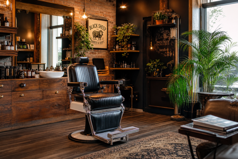 Barbería acogedora con sillón de barbero vintage