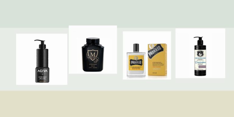 Montaje editorial de bálsamos after shave para barbería profesional