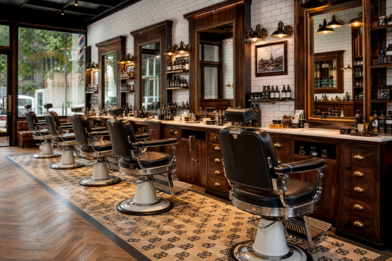 Barbería con mobiliario profesional bien distribuido y sillones de barbero