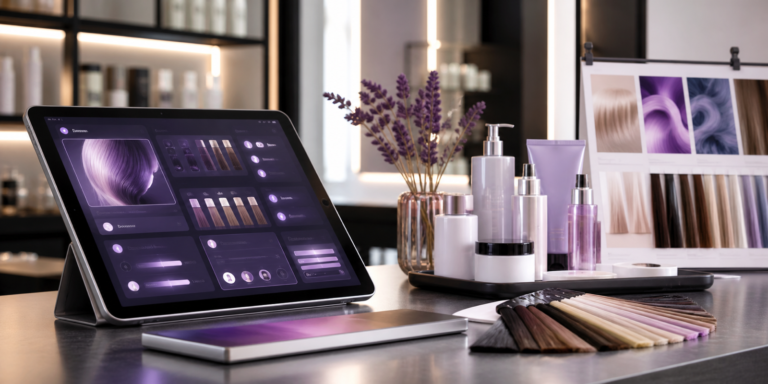 Beauty tech et IA : comment elles vont révolutionner vos achats en salon de coiffure Tablet con interfaz de IA junto a productos profesionales de peluquería