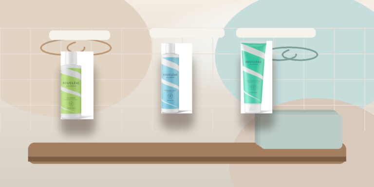 Montaje editorial de productos Bouclème para valorar un co-wash en rizos y ondas con limpieza suave y control de residuos