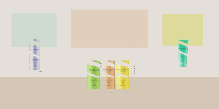 Montaje editorial con productos Bouclème para una rutina de mimo en rizos con exfoliación, mascarilla y acabado ligero