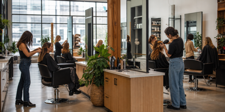 Coworking de peluquería profesional con estaciones de trabajo compartidas y luz natural