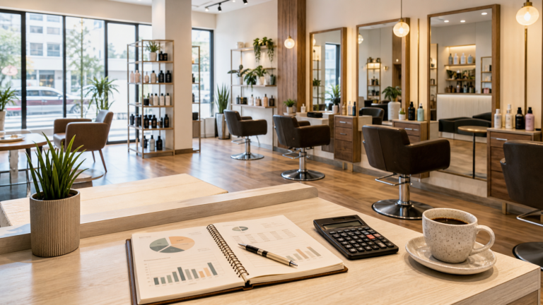 Budget pour ouvrir un salon de coiffure en Espagne en 2026 Interior de peluquería moderna con mobiliario profesional e iluminación LED