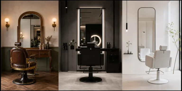 Mobiliario de peluquería personalizado en una escena editorial moderna y coherente