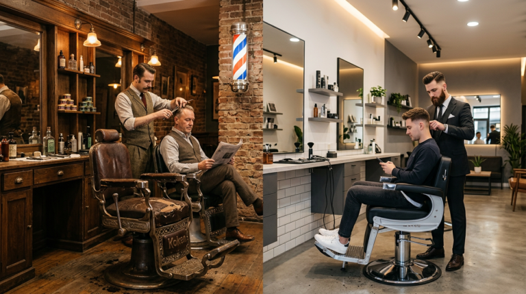 Évolution du barbershop : du local classique à l’espace moderne Barbershop moderno con sillón de barbero hidráulico y diseño contemporáneo