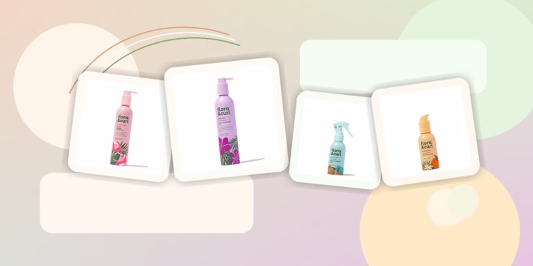 Cheveux bouclés en été : comment éviter la sécheresse, les frisottis et la casse sans compliquer votre routine Montaje editorial con productos Flora Curl de PeluqueriaShop para una rutina de verano en cabello rizado