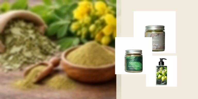 Cassia pour les cheveux : quand l’utiliser et comment adoucir une coloration végétale Montaje editorial con plantas botánicas y productos Gaia de PeluqueriaShop para explicar el uso de la cassia en el cabello