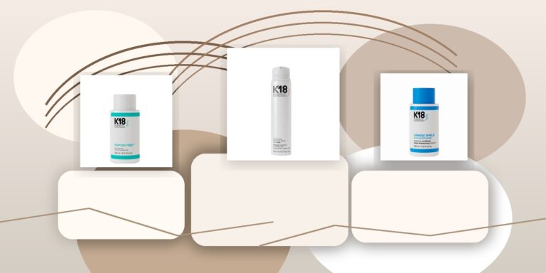 Montaje editorial con productos K18 de PeluqueriaShop para una rutina centrada en reparar rotura y proteger la longitud
