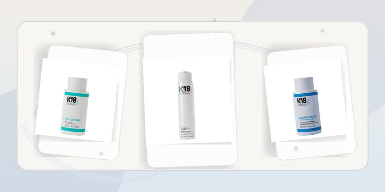 K18 pour blonds : routine pour brillance et ton uniforme Montaje editorial con productos K18 de PeluqueriaShop para una rutina de brillo y mantenimiento en rubios y grises