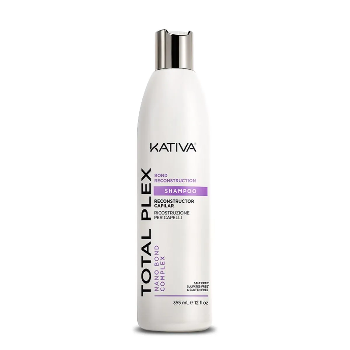 Flacon de shampoing Kativa Total Plex de 355 ml avec bouchon argenté