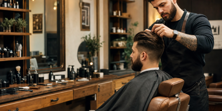 Barbero profesional trabajando en barbería moderna con sillón de calidad