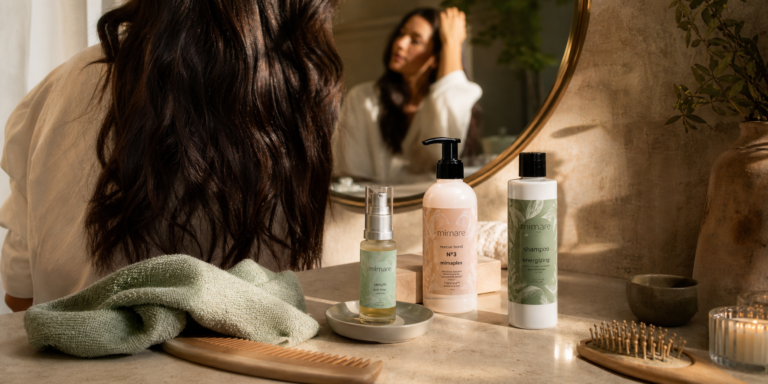Comment choisir la gamme Mimare qui convient le mieux à vos cheveux ? Cabecera editorial de Mimare con rutina capilar para elegir la línea adecuada