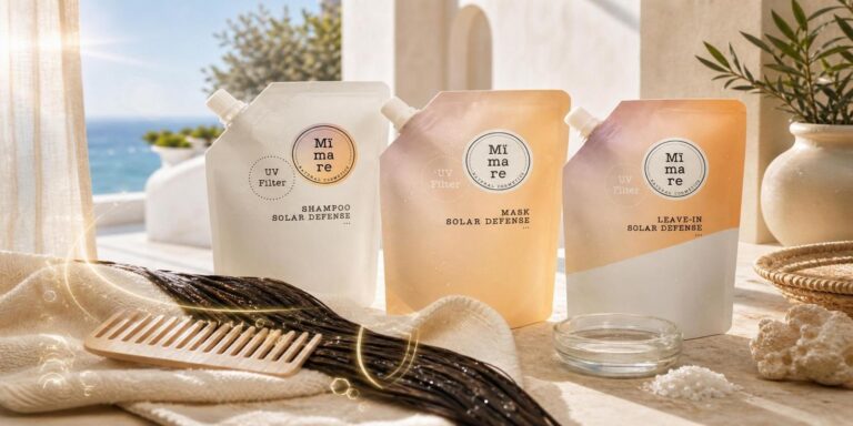 Cabecera 2x1 tipo montaje editorial de Mimare Solar Defense para proteger el cabello del sol