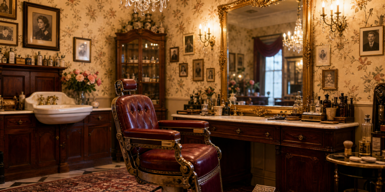 Salón de peluquería vintage con sillón de cuero burdeos y espejo ornamentado
