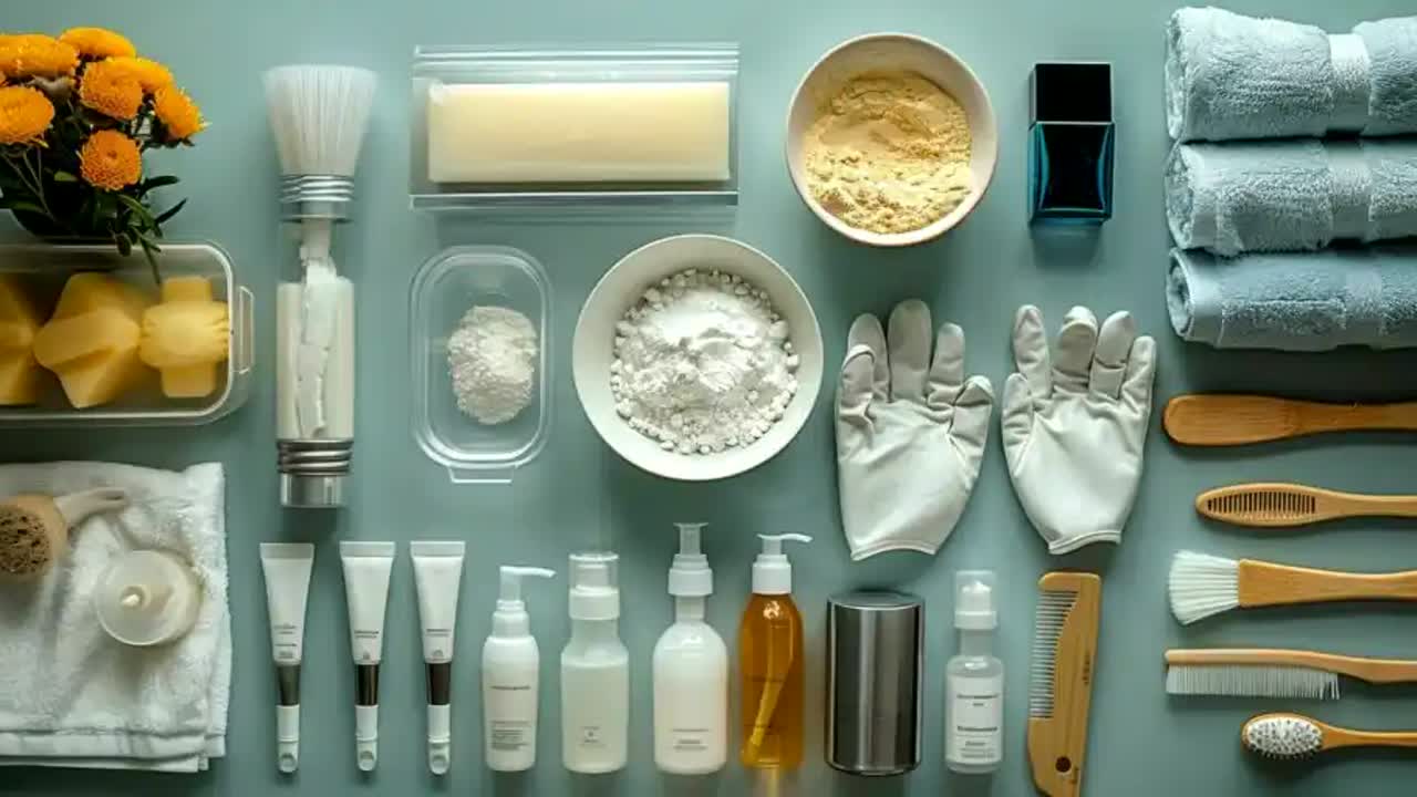 Table préparée pour la décoloration à domicile avec outils et mélange bien organisés