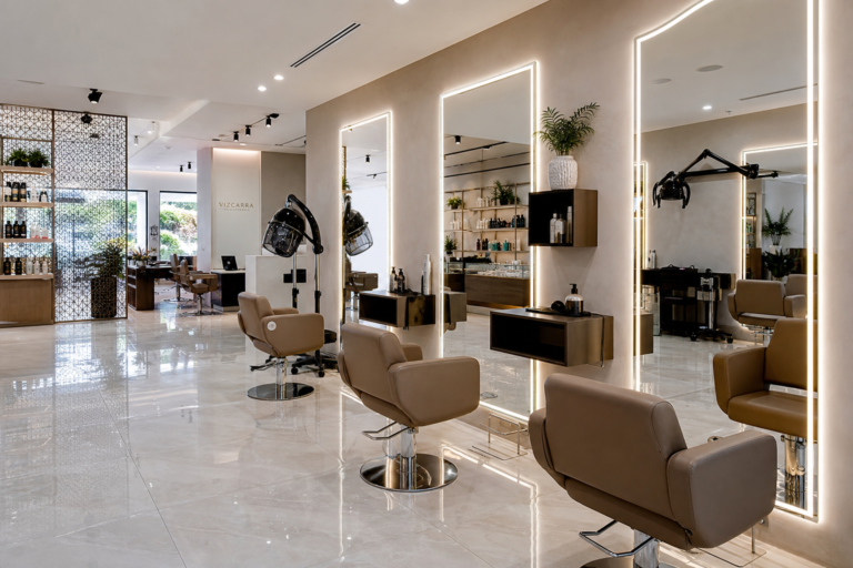 Espejo de peluquería profesional con iluminación LED en salón moderno