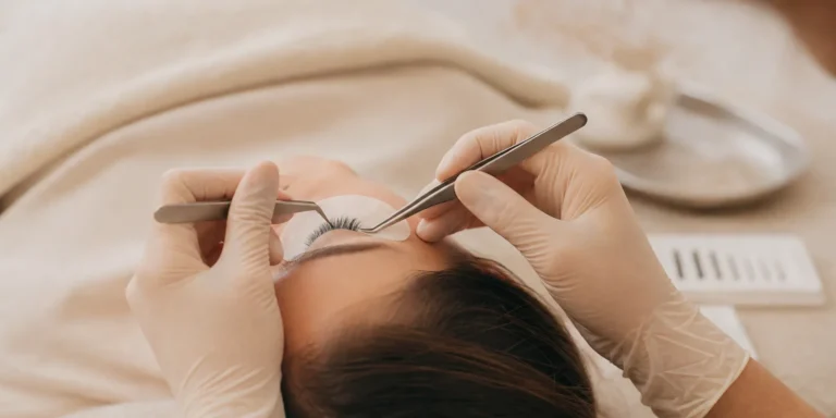 Aplicación profesional de pestañas pelo a pelo en cabina de estética