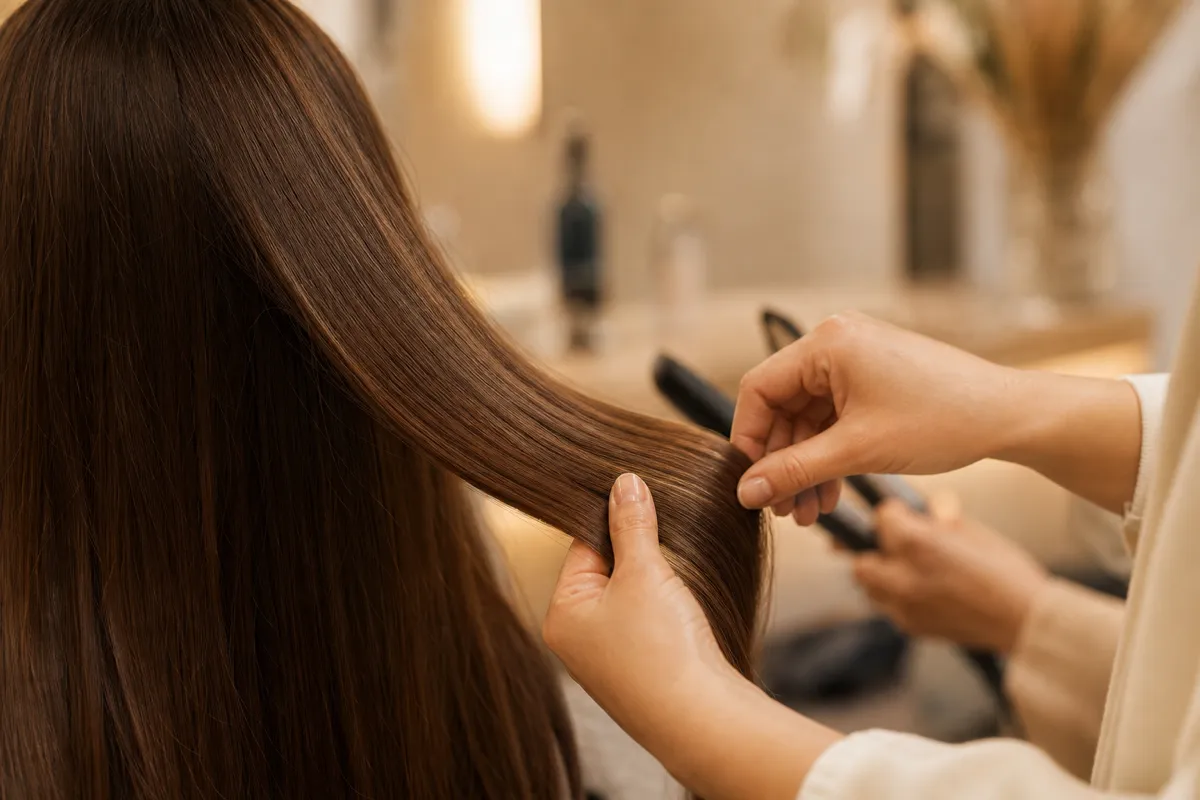 Mains d'une coiffeuse lissant une fine section de cheveux bruns pendant le lissage dans le salon