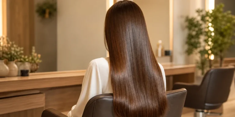 Resultado de las planchas de pelo GHD: melena castaña lisa y brillante, de espaldas en un salón de peluquería