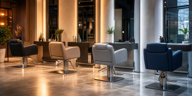 Sillones de peluquería en diferentes colores en salón moderno con espejos