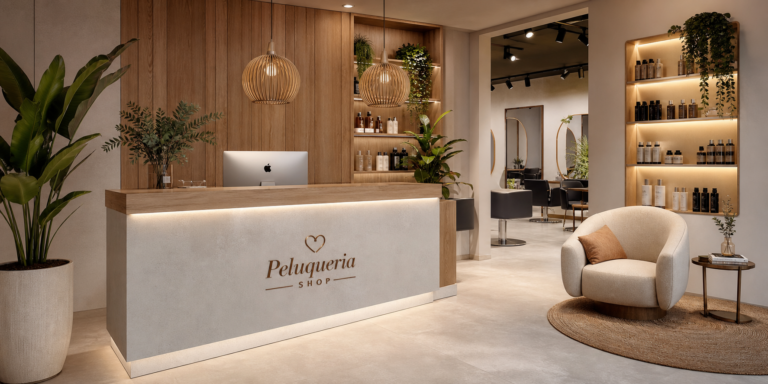 Recepción moderna de peluquería con mostrador de madera y zona de espera acogedora
