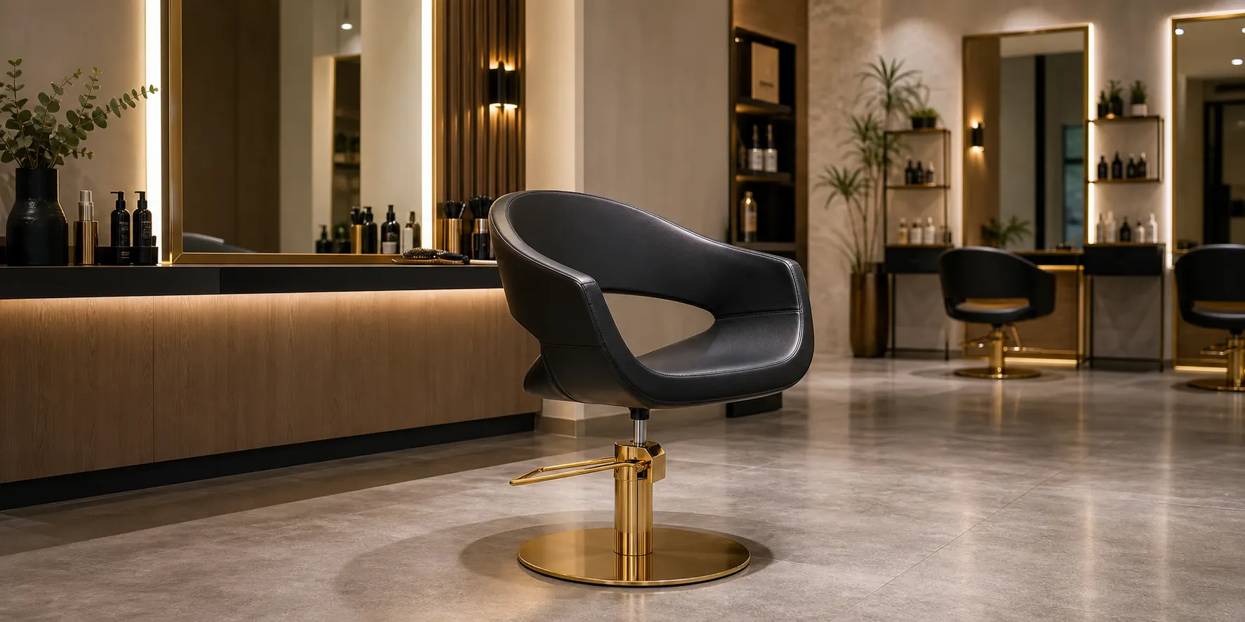 Fauteuil de coiffure intégré dans une composition éditoriale professionnelle