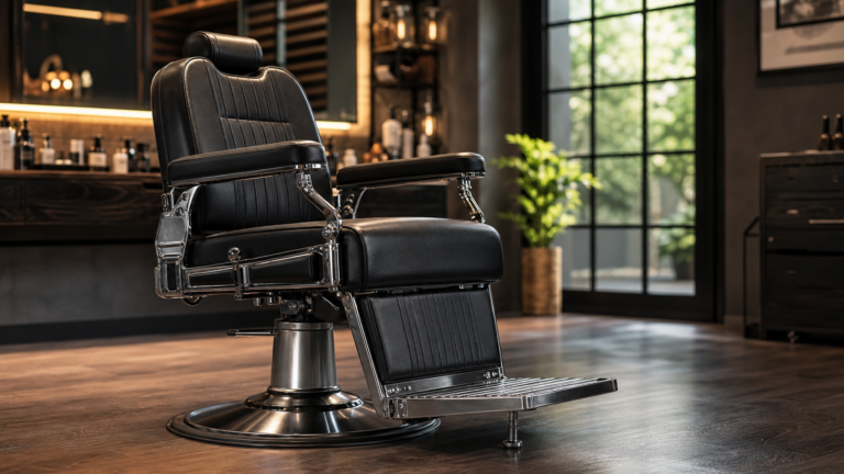 Sillón de barbero profesional con estructura metálica resistente en barbería