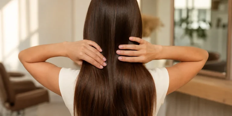 Vitamines pour les cheveux : comment prendre soin de vos cheveux de l’intérieur Melena castaña saludable vista de espaldas durante una rutina de cuidado capilar